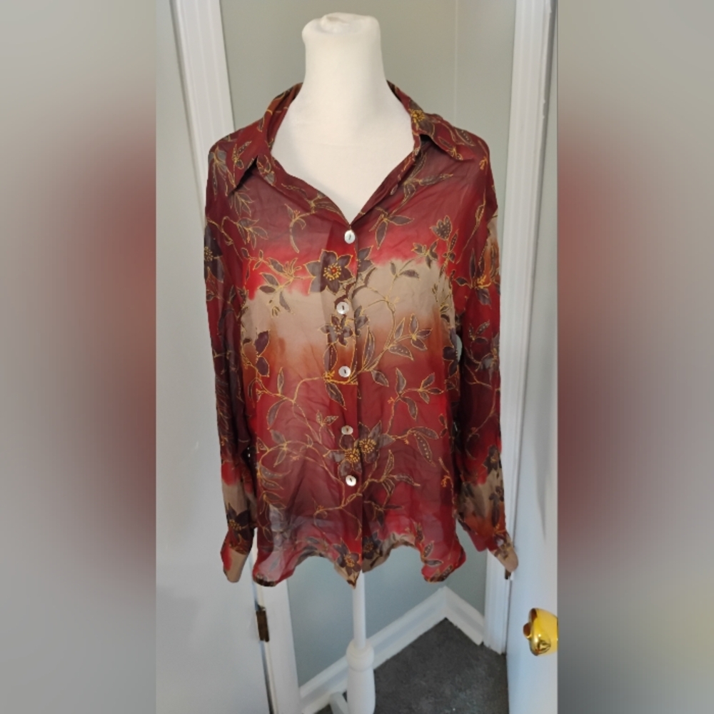 Vintage 1990s 2000s Tess Women's Silk Ombre Whimsy Goth Button Down Shirt